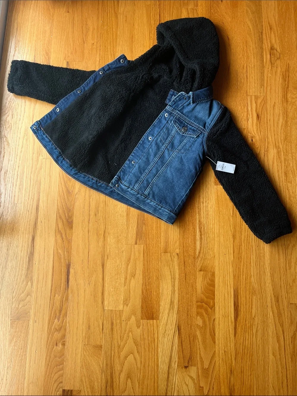 Kids Gap Denim Jacket with Black Sherpa Hood and Sleeves Size Medium 8